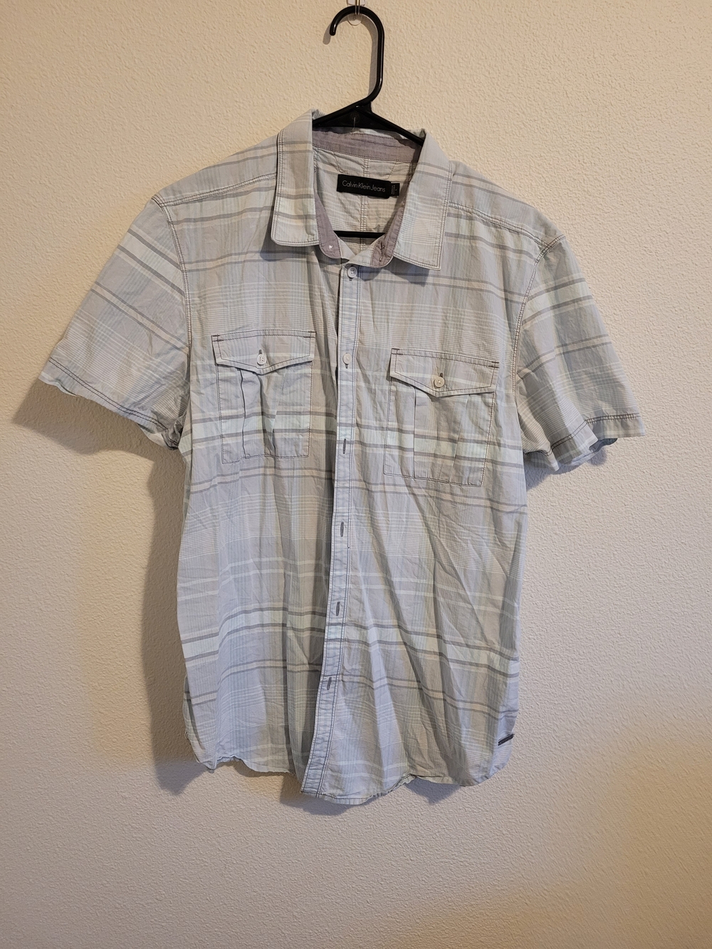 Calvin Klein Jeans Light Blue Plaid Short Sleeve Button-Down Shirt #371